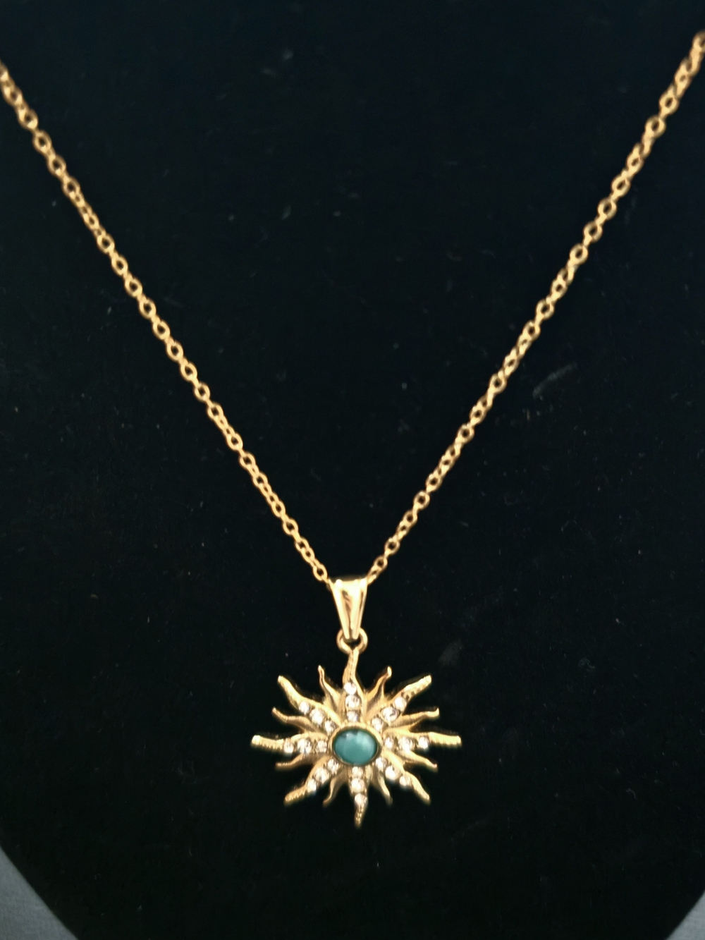Trendy 18K Gold Plated Sunburst Pendant Necklace with Teal Stone New Women Jewel